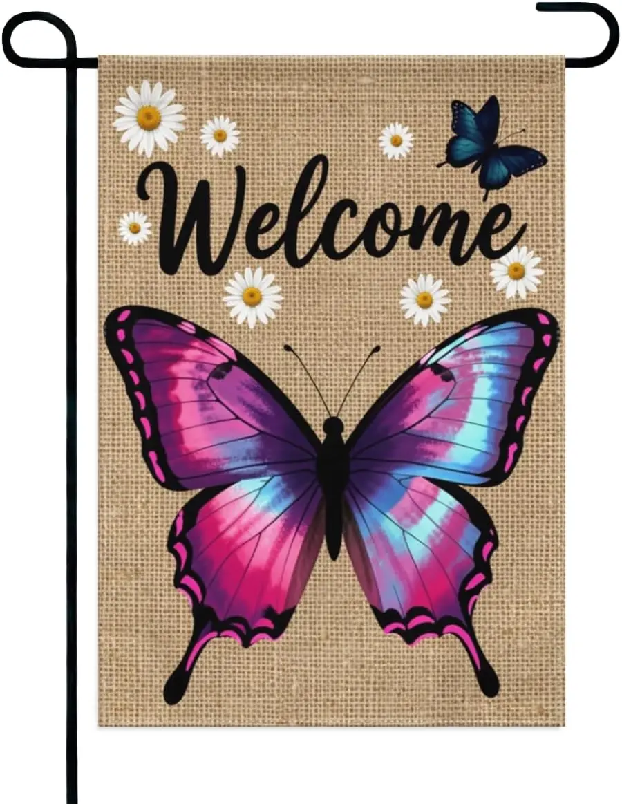 Welcome Butterfly Garden Flag 12x18 Inch Double Sided – Vibrant Pink & Blue Watercolor Wings， Daisy & Dragonfly Acce jjp