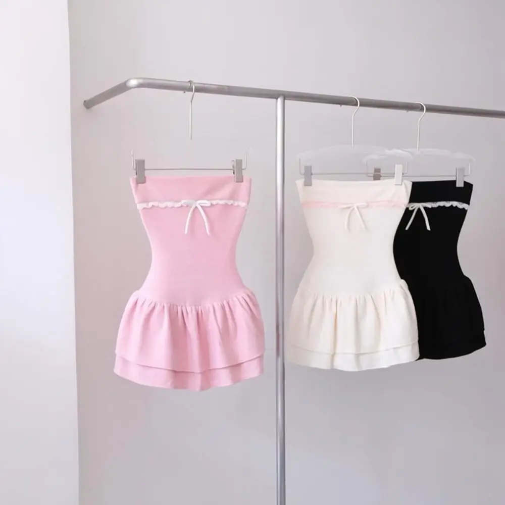 Strik Strapless Jurk Mode Stiksel Ruche Tube Jurk Slanke Taille Contrast Kleur Korte Rok