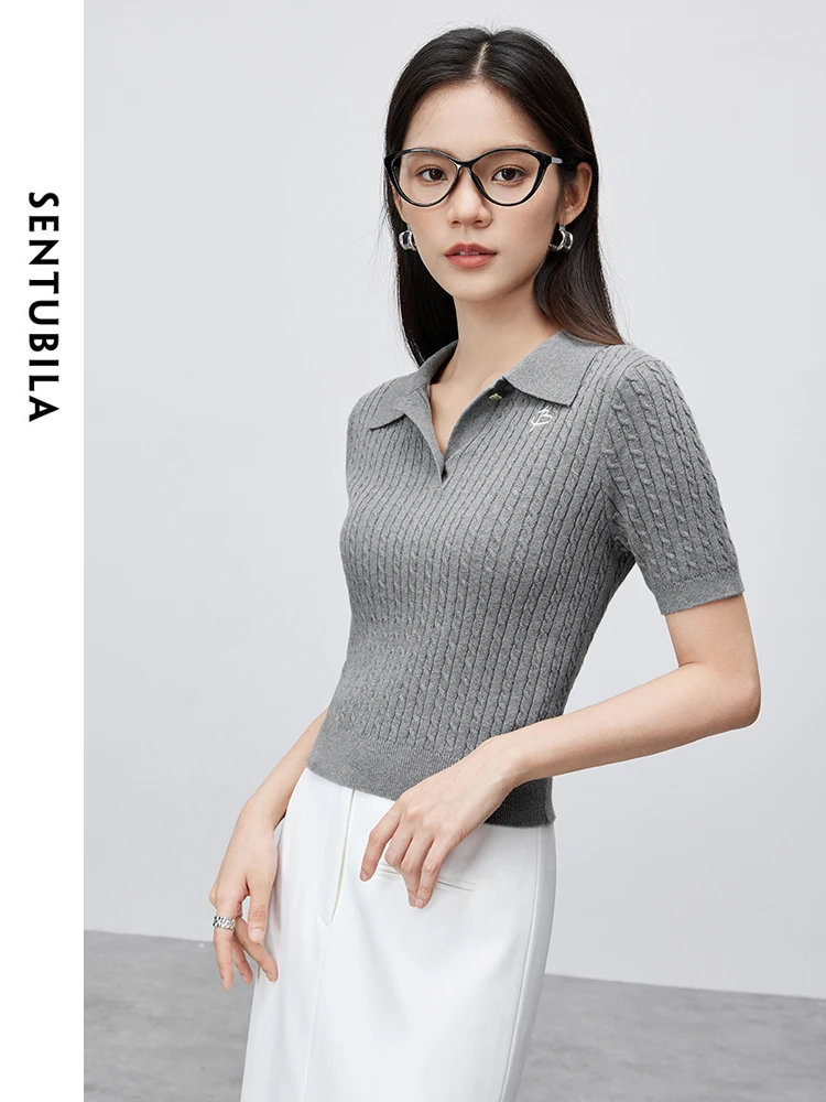 SENTUBILA Cotton 100% Letter ricamo pullover lavorati a maglia ritagliati 2024 Summer Simple Polo Collar top manica corta W42H55192