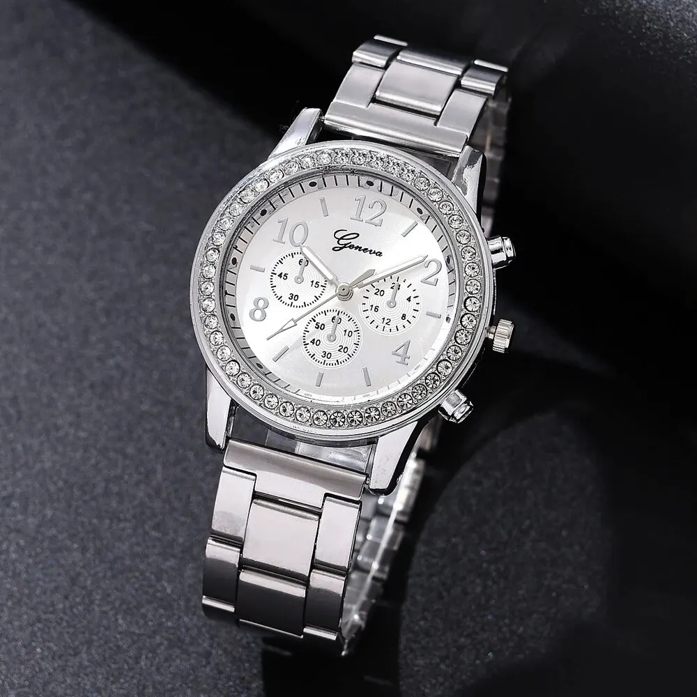 6PCS Quartz Watch Set Women Fashion Silver Round 3 Eyes Alloy Strap Wristwatch Gift Rhinestone Watch For Women Jewelry Set