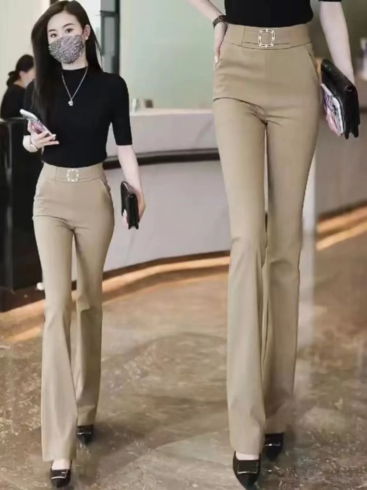 High Waist Bell Bottom Pants Women's Khaki Straight Leg Casual Trousers Spring Summer 2026 New Style Slimming Effect