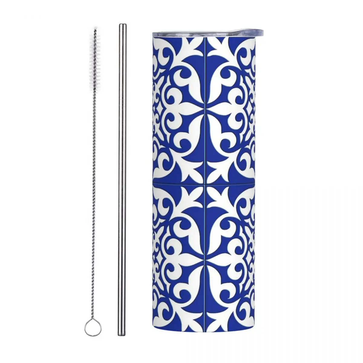 Moroccan Tile - Cobalt Blu Stainless Steel Tumbler Vacuum Insulated Mug Thermal Cold Cups Straw With Lid 20oz