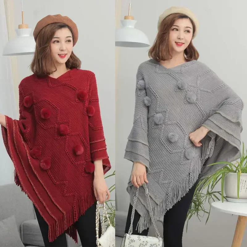 NEW Ball Women Spring Knit Tassels Pullover Lady Out Loose Coat Sweater Vest Party Scarf Over Cloth Top Shawl Cloak Cape Poncho