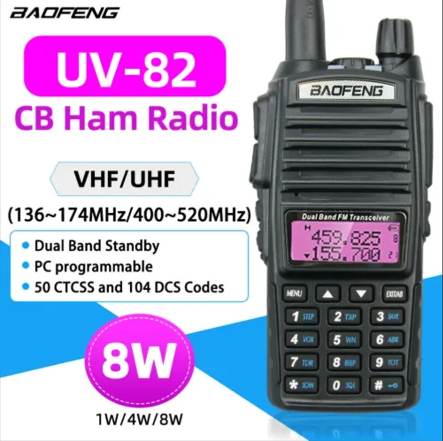 BaoFeng-Walkie Talkie de banda dupla real, rádio bidirecional, 8W, VHF, UHF, 2800mAh, UV-82