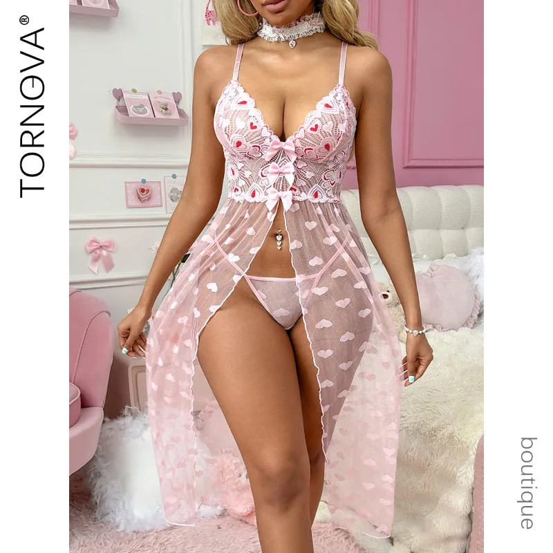 

Tornova Erotic Sleeping Skirt Lace Love Printing Slit See-through Slim Bow Knot Decor Sexy Hollow Out Pure Desire Sling Dress