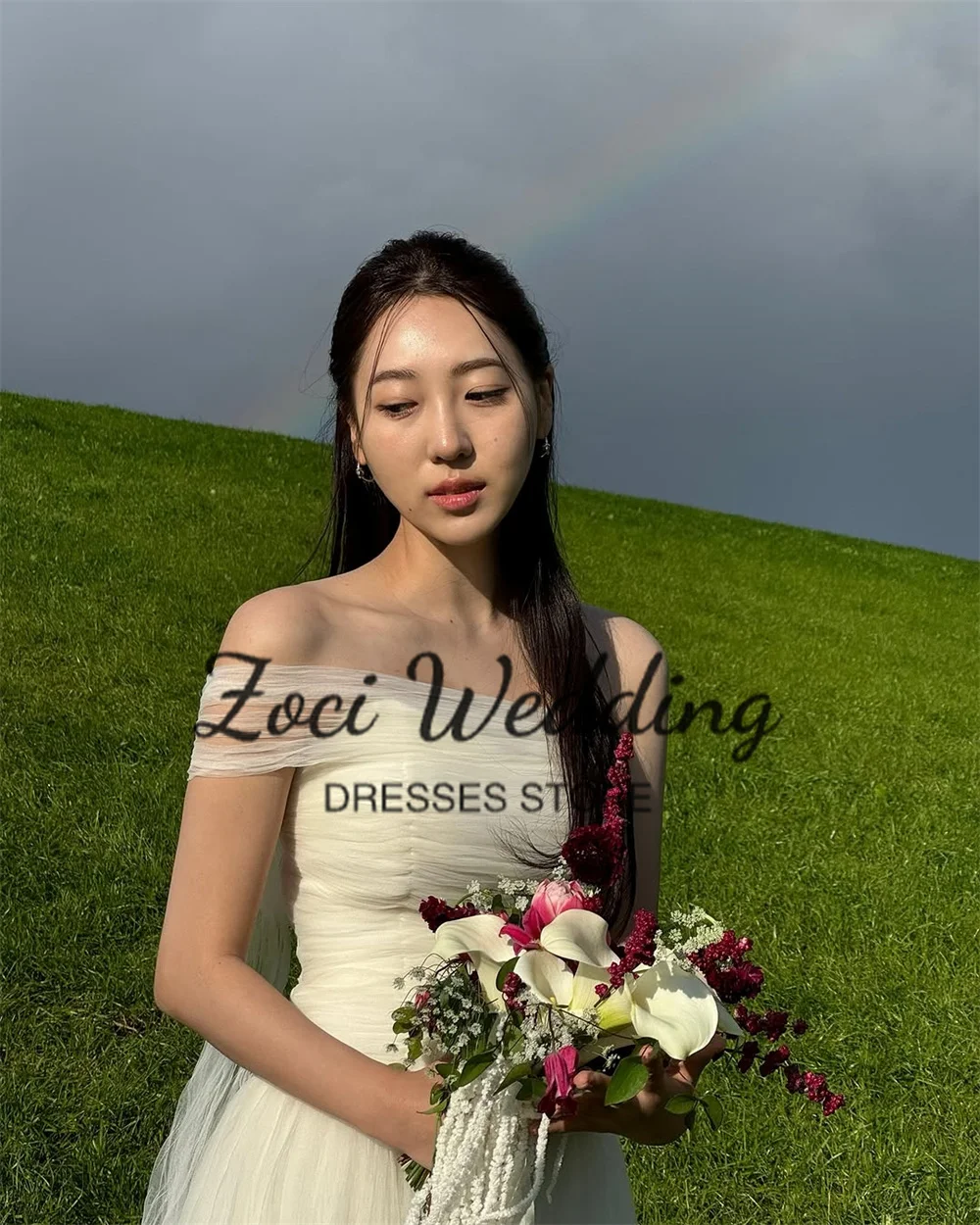 Zoci Elegant Strapless Korea Wedding Dresses Customized Photos Shoot Soft Tulle Dress Simple Corset Backless Long Bridal Gown