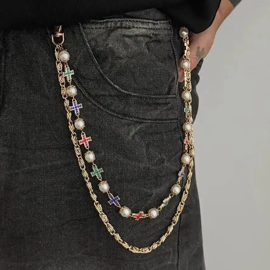 SHIXIN Punk Exquisite Imitation Pearls Rhinestone Chain Pendant Cross Keychain Men Rock Waist Belt Bag Pants Chain Jeans Jewelry