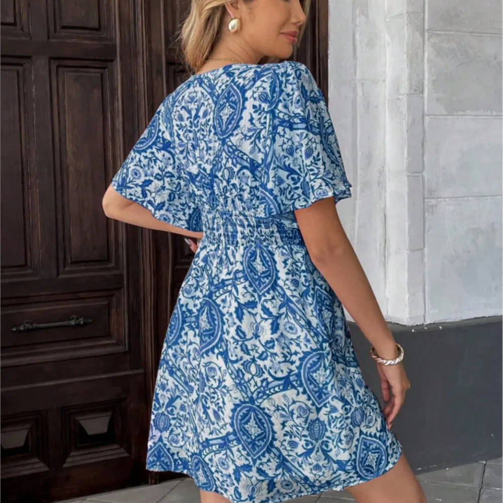 여름 프린트 러플 반팔 여성 비치 드레스 섹시한 딥 브이넥 캐주얼 휴가 우아한 여성 탄력 허리 미니 드레스