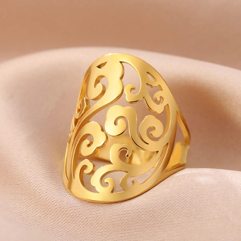 

My Shape Filigree Flower Rings Women Girls Stainless Steel Plant Vines Open Adjustable Finger Ring Jewelry Engagement Wedding