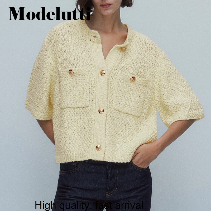 Autumn 2023 New Fashionable Women Short Sleeve Knitted Sweater Coat Pockets Solid Wild Simple Casual Tops Female Chic