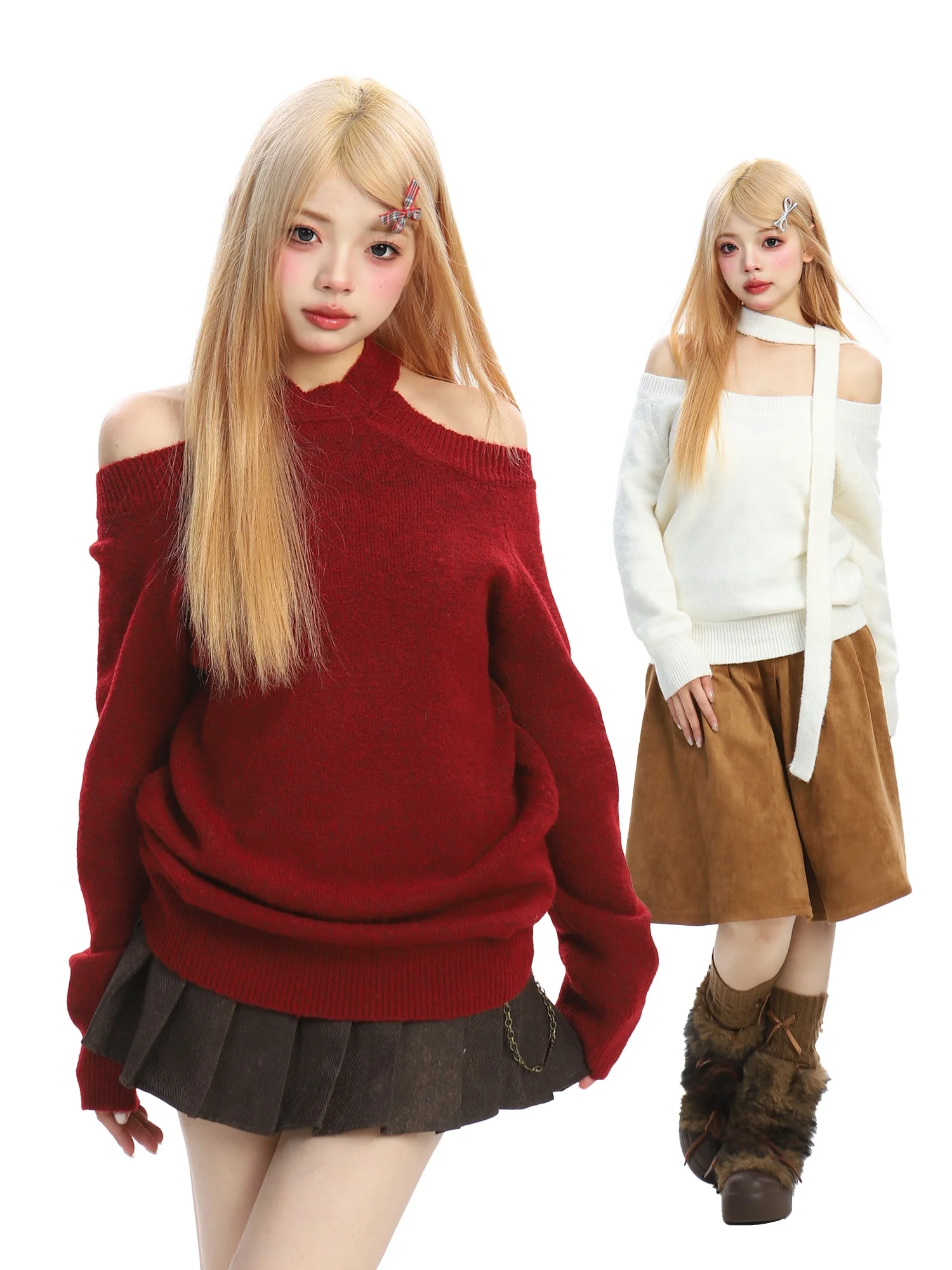 

BearGirl Korean Style Red Knitted Shoulder Bared Neckline Sweater Women Autumn Winter One Shoulder Hanging Neck Pure Desire K...