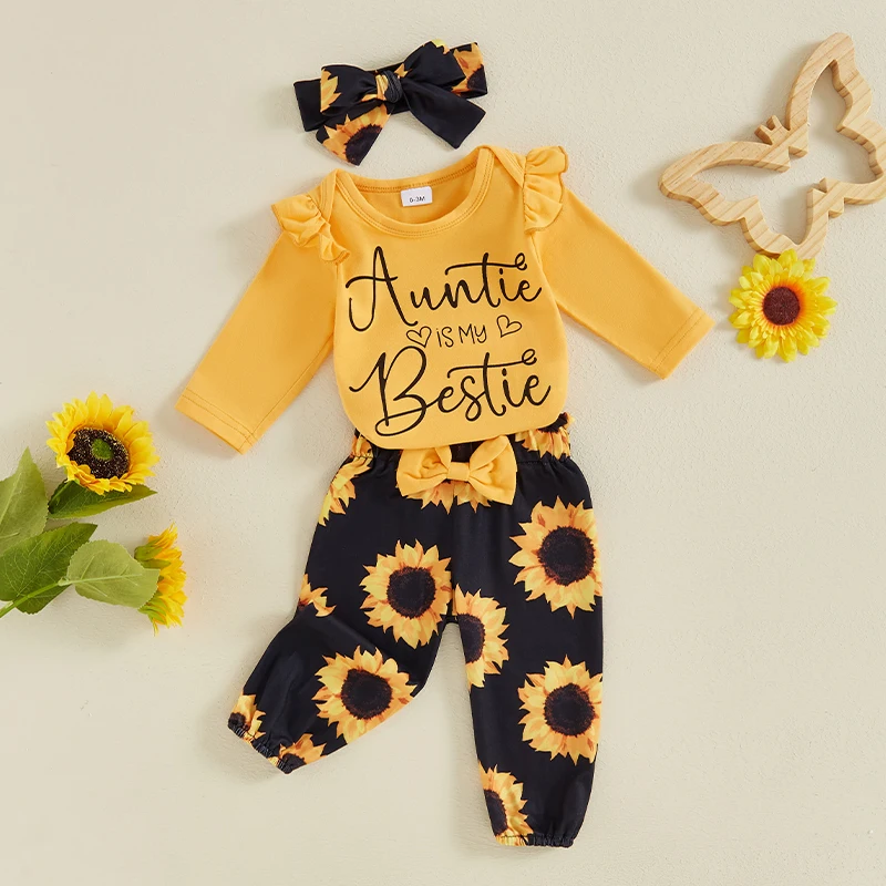 Romper Letter Print para meninas do bebê, Letter Print, mangas compridas, calças elásticas com estampa de girassol, Headband, roupas fofas, 24, 05, 27