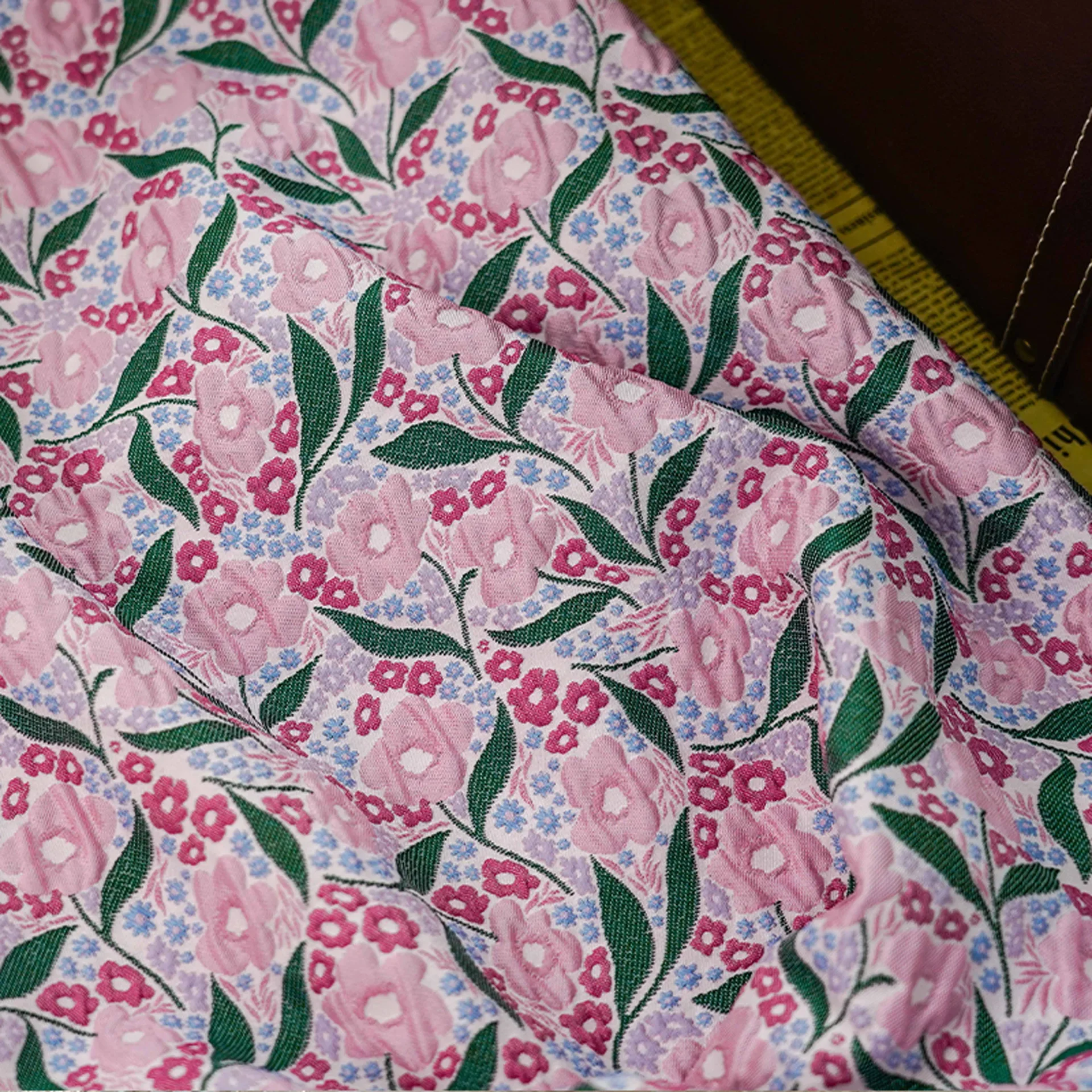 Pink Small Floral Green Leaf Relief Jacquard Fabric Classic Women's Dress Skirt Luggage Bag Decorative Sewing Fabric