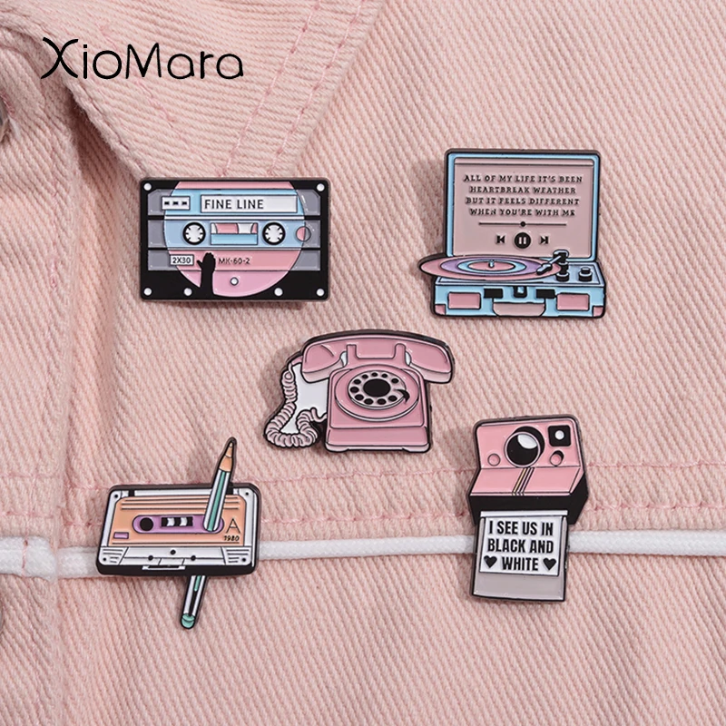 90s Vintage Fine Line Cassette Enamel Pin Pink Rotary Phone Camera Nostalgia Brooch Lapel Badge  Jewelry Gift For Friends