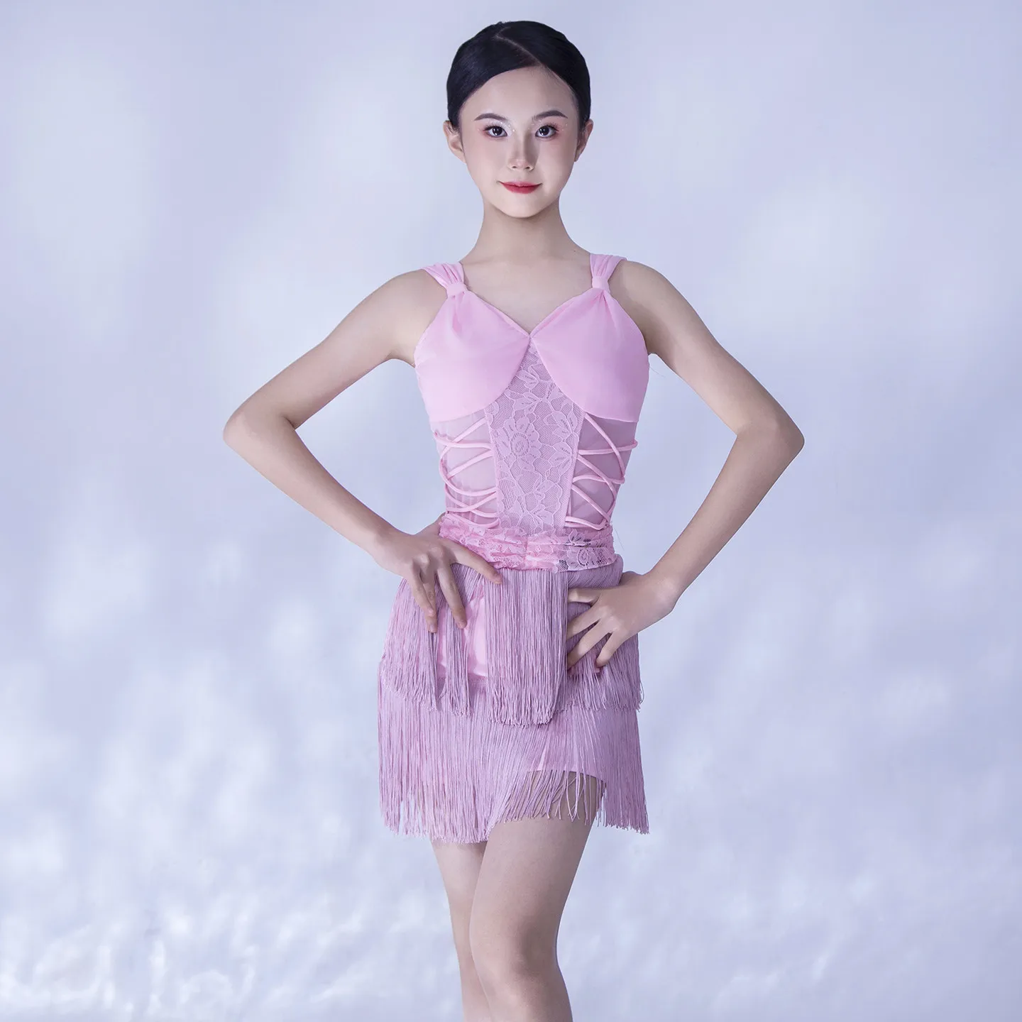 

Kids Latin Dance Practice Dress Lace Top Tassels Skirt Split Suit Performance Stage Costumes Samba Dance Clothes Wear DQL12604