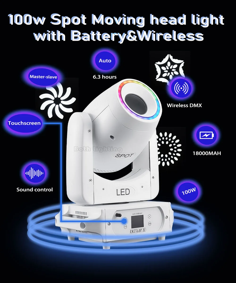 2PCS in a Case Both Lighting 100w BPM Spots Moving Head Light Wireless DMX Battery Power Stage Lights for DJ Wedding Party Club