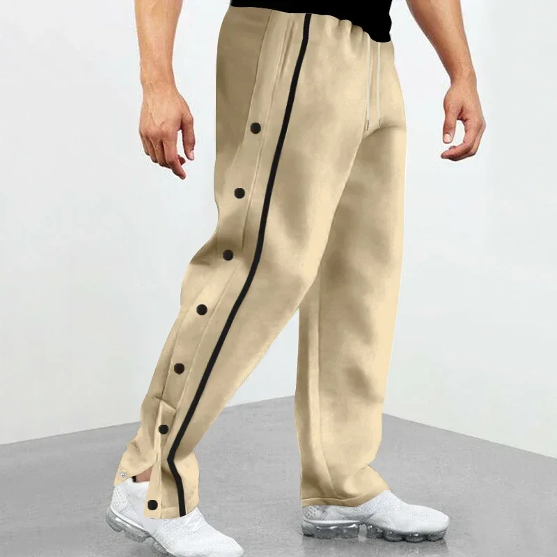 

Spring Autumn New Retro Straight Leg Pants for Men Casual Side Buttons design Sports Soft Drawstring Sweatpant Loose High Street