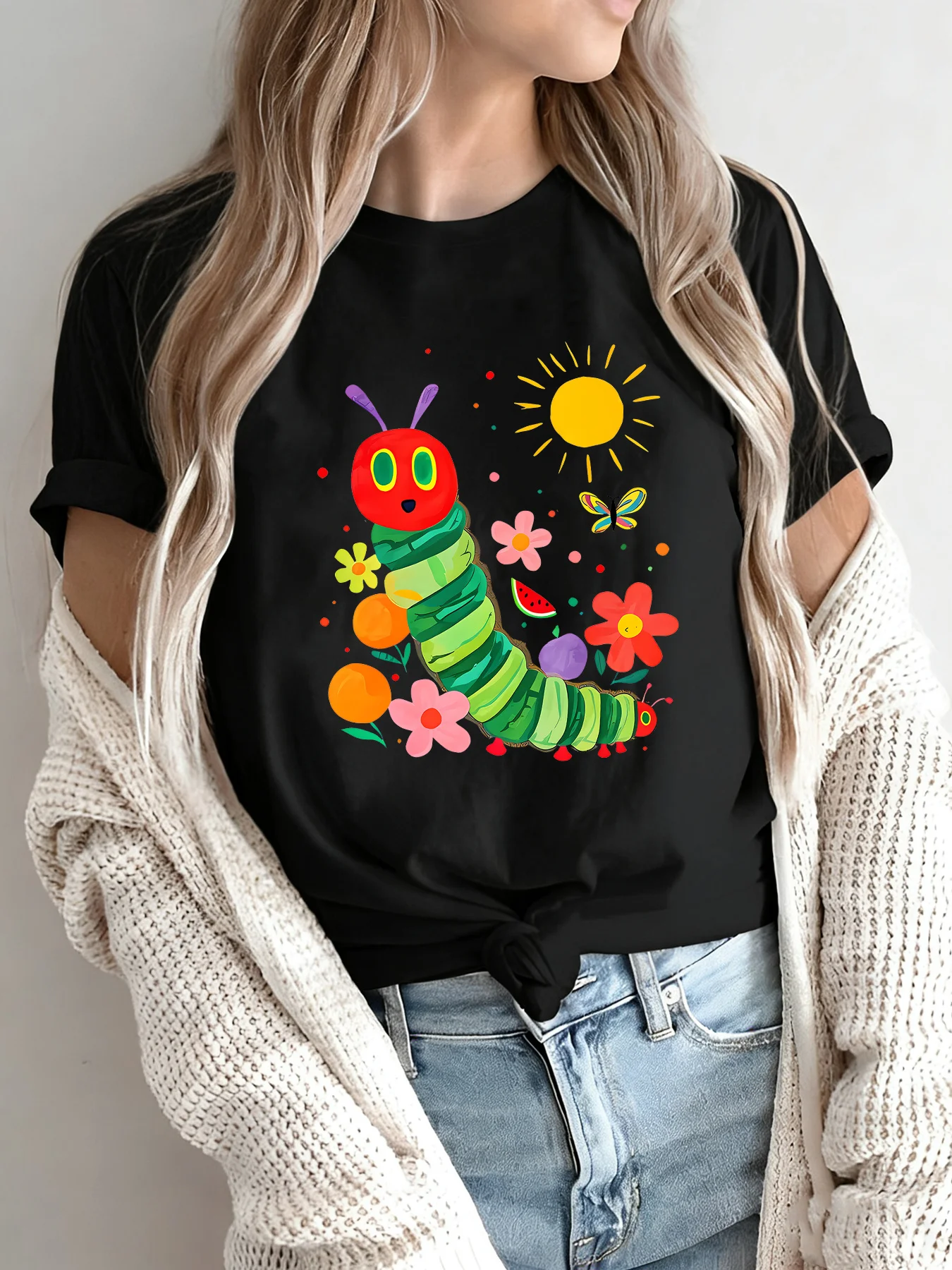 Women Crew Neck Tee Colorful Hungry Caterpillar Floral Sun Graphic Print Short Sleeve Loose Ladies Cotton Plus Size Casual Top