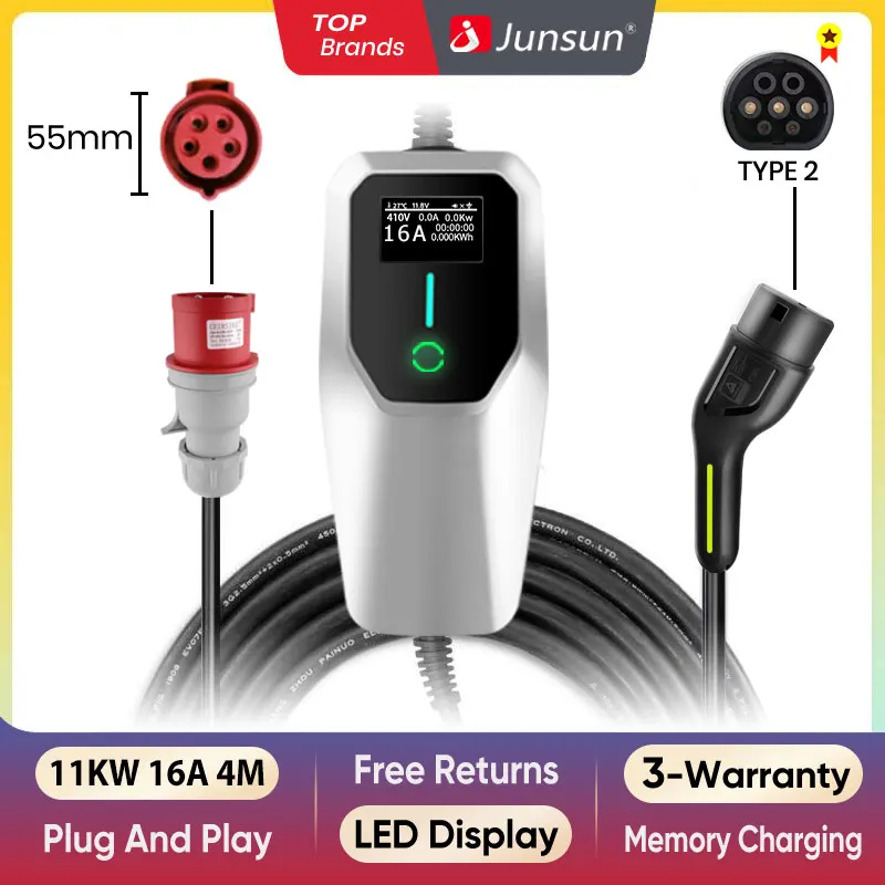 Junsun ev charger type 2 11kw 7KW single phase 100w charger wallbox 22kw type 2 for Tesla Kia Dacia Renault Nissan VW Hyundai