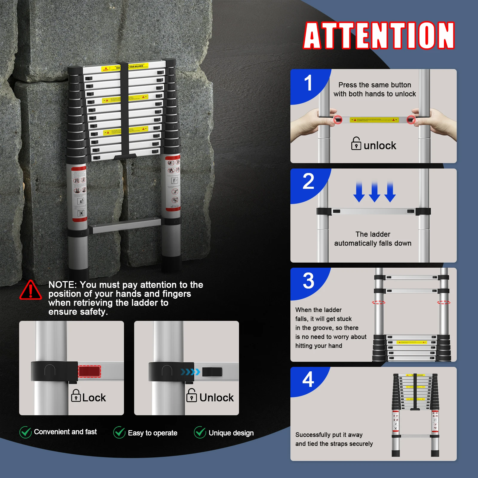BRIEFNESS 5M Aluminium Telescopic Folding Ladder,Multi-purpose,Non-slip,Extendible,Lightweight Loft Straight Ladder,Load 330LBS