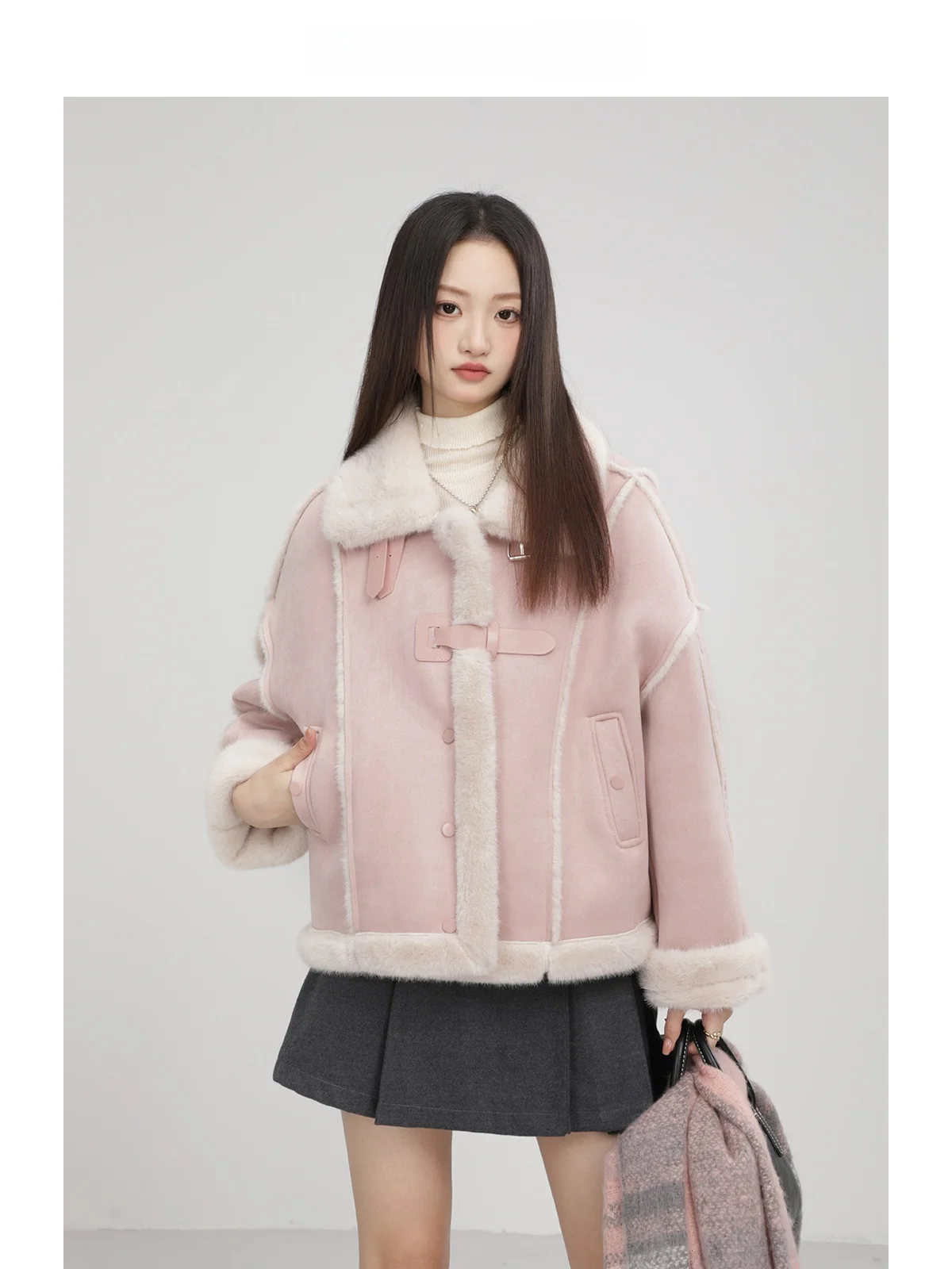 

Pink Stand Collar Lamb Fur Jaet Thiened Fce Inner Leather And Fur Inteated Winter Women's Ele Top ort Coat