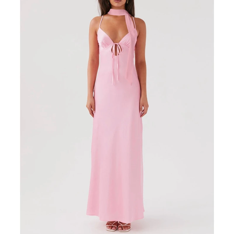 Abito lungo da donna estivo elegante con spalline regolabili, papillon sul retro, con lacci, scollo a V, abito lungo a trapezio setoso con sciarpa