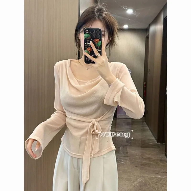 Solid Color Pullover Bottoming Shirt Sequined Temperament Irregular Spring and Summer Long-sleeved Mesh Top