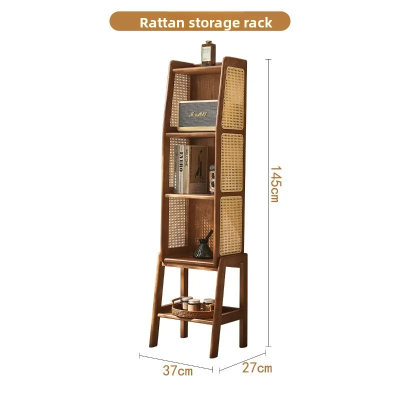 Medium and retro style solid wood bookshelf, floor-to-ceiling rattan bookcase, multi-layer storage bedside storage display