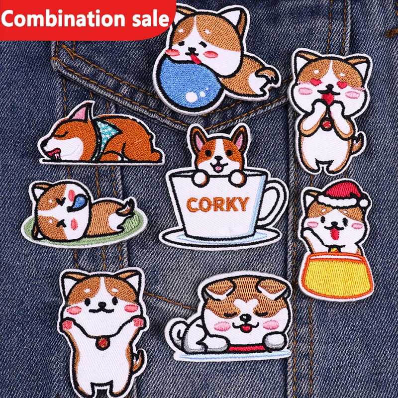 Cartoon Corgi Self-Adhesive Embroidered Patches For Clothing DIY Dinosaur Rabbit Patch Cute Animal Patches On Clothes Applique