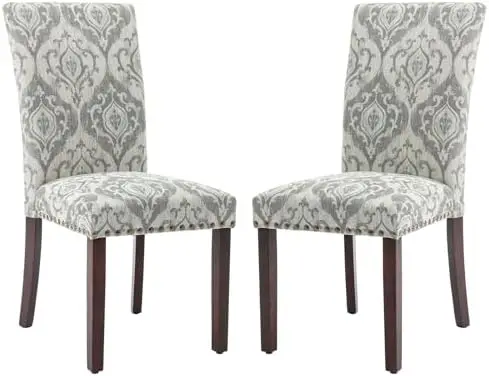 

Upholstered Parsons Dining Chairs Set of 2, Fabric Dining Room Kitchen Side Chair with Nailhead Trim and Wood Legs - Grey/White