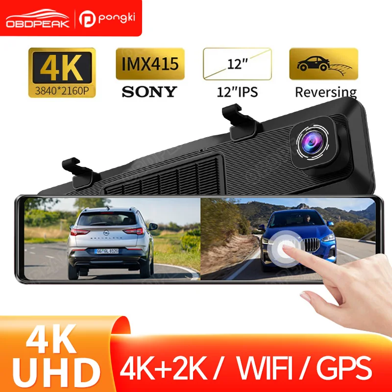 

UHD 4K Dash Cam Rear 2k Super Night Vision Dual Lens 12'' View Mirror Screen Car Dvr Camera Gps Wifi Video Loop Recording