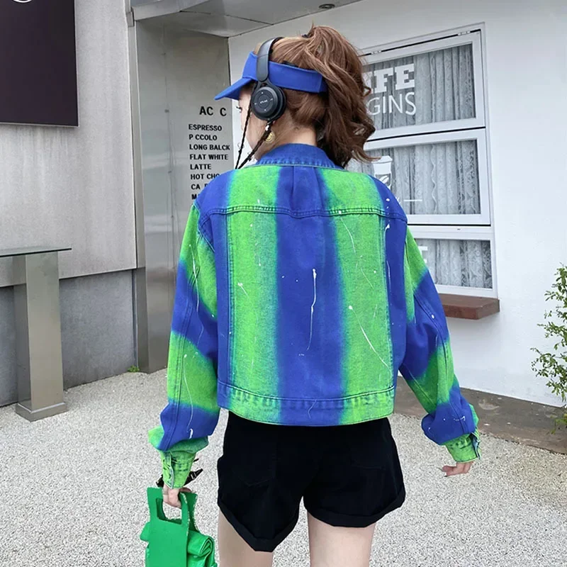 

Fashion Hand-painted Graffiti Vintage Green Short Denim Jacket Loose Tie-dye Printing Cowboy Coat Spring New Female Streetwear