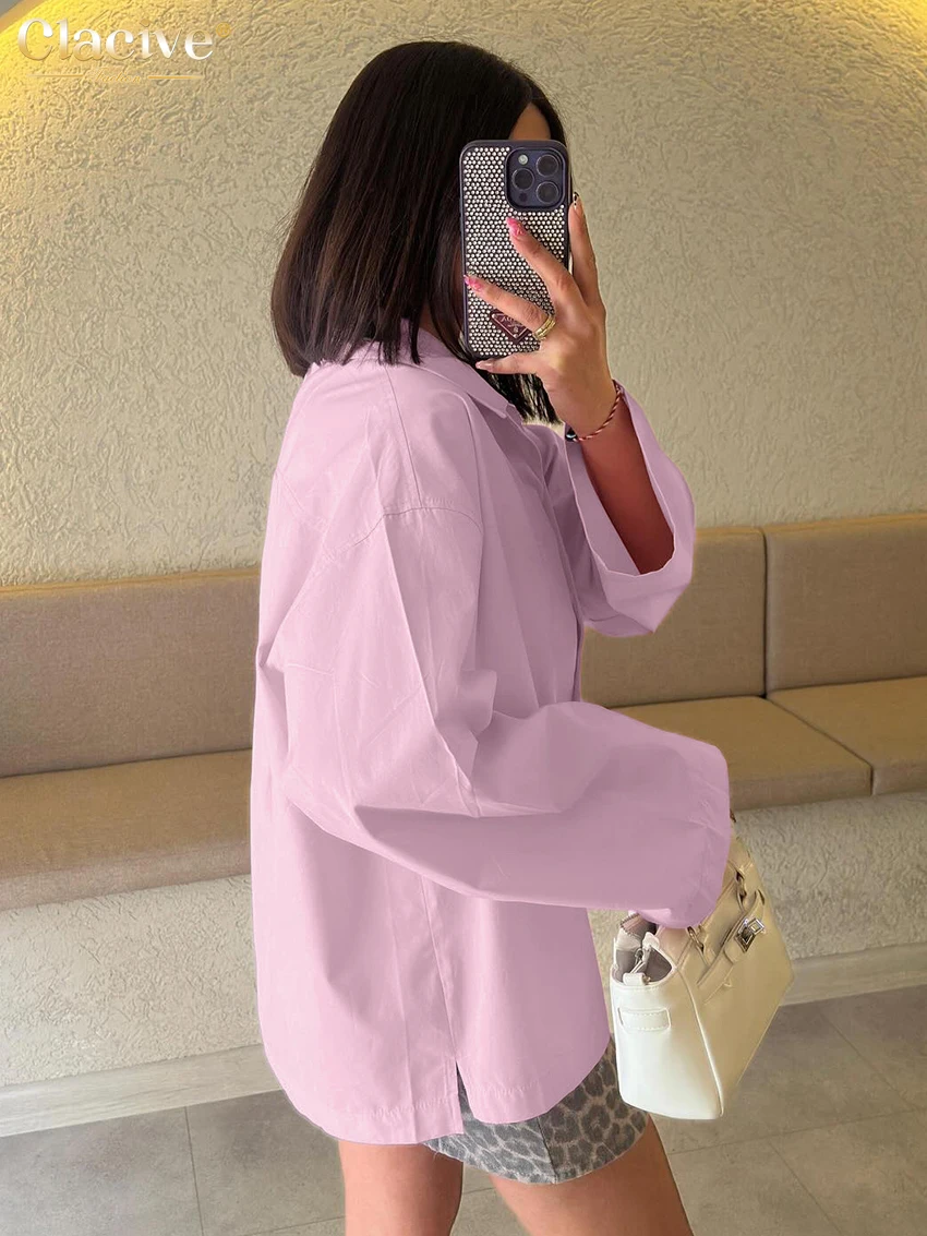 Clacive Fashion Loose Blue Cotton Women's Blouse 2025 Casual Lapel Long Sleeve Shirt Elegant Classic Solid Tops Female Clothing
