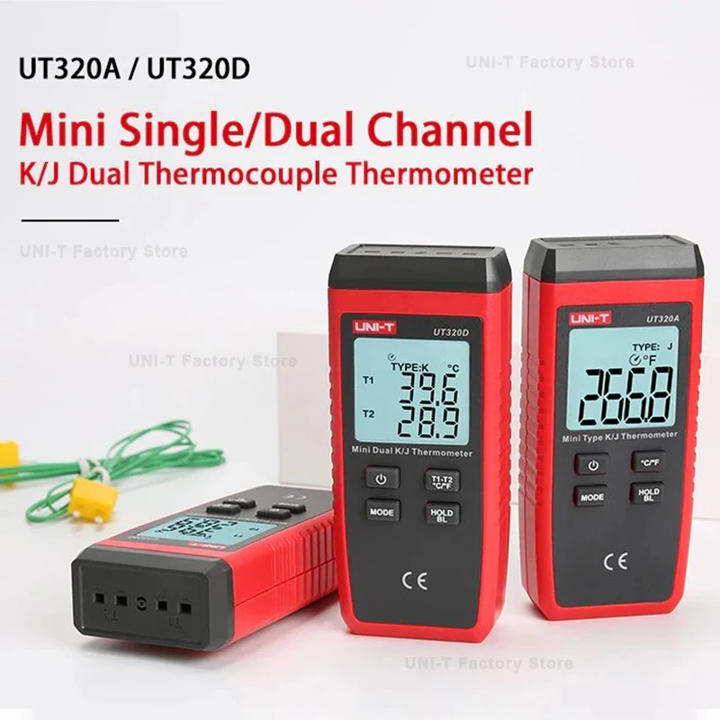 ترمومتر رقمي صغير ، مزدوج K J نوع حراري ، مقياس اختبار درجة حرارة عالية ، UT320A ، UT320D ،-50 ℃ إلى ℃