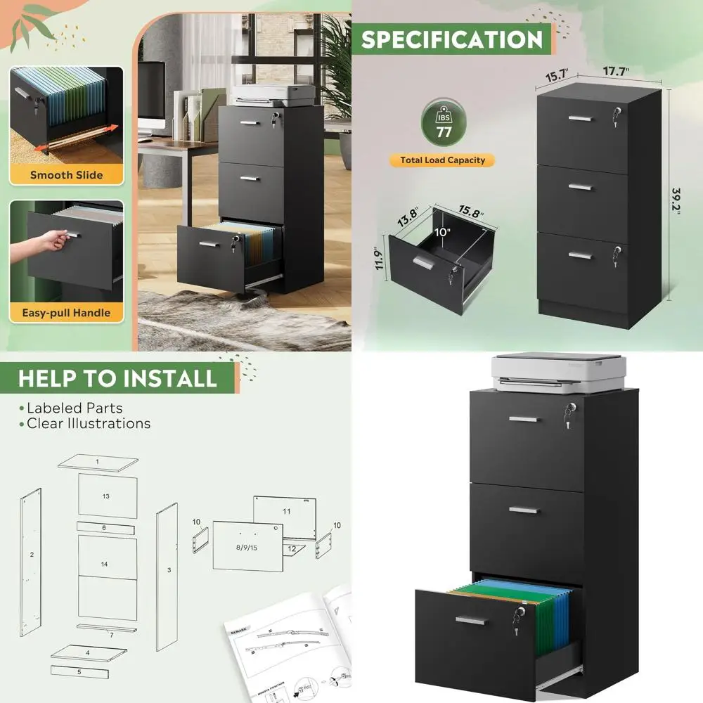 

Black Wooden Filing Cabinet with Lock for Home or Office Storage and Printer Stand