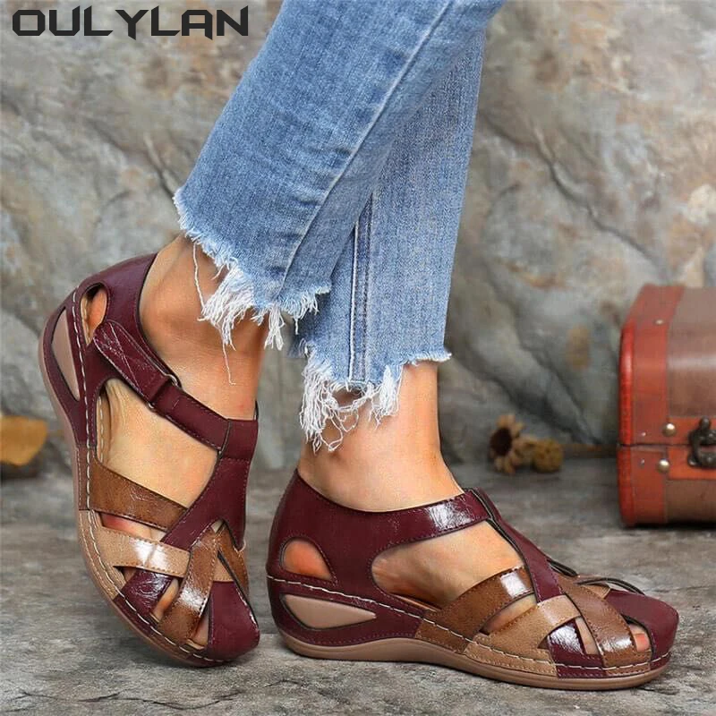 Oulylan Non-Slip Comfortable Lightweight Walking Sandals Retro Round Toe Sloping Sandals for Women's Open Toe Flat Sandals