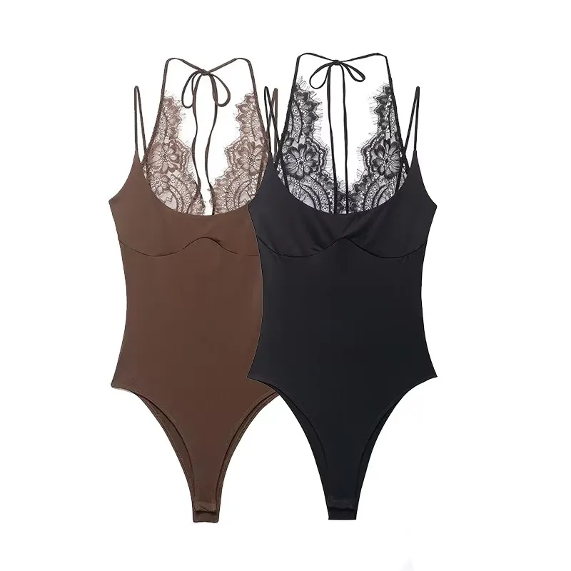 Willshela Women Fashion Solid Lace Patchwork Backless Bodysuits Vintage Slim V-Neck Thin Straps Female Chic Lady Playsuits