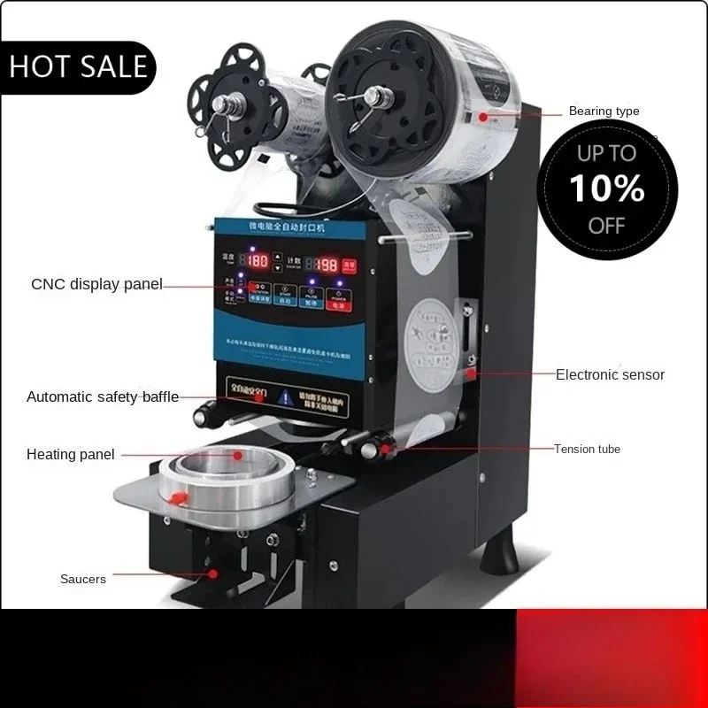 350W Automatic Paper Cup Sealing Machine, English Panel Electric Bubble Film Sealer for Milk Tea & Food