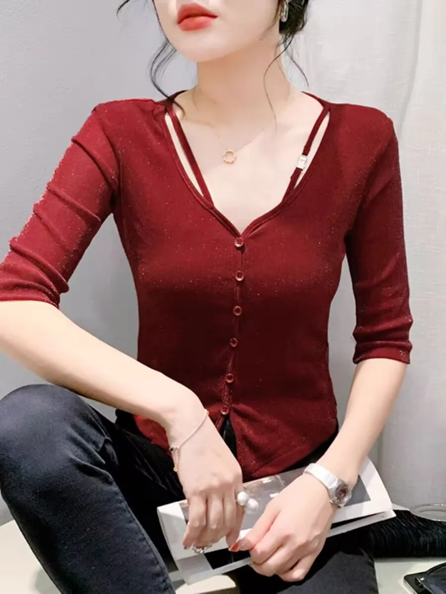 2024 New Arrival Button Female Solid T-shirt Summer Woman S-4XL Shinny Silk Half Sleeve Charming Mesh V-neck Split Hem Splicing