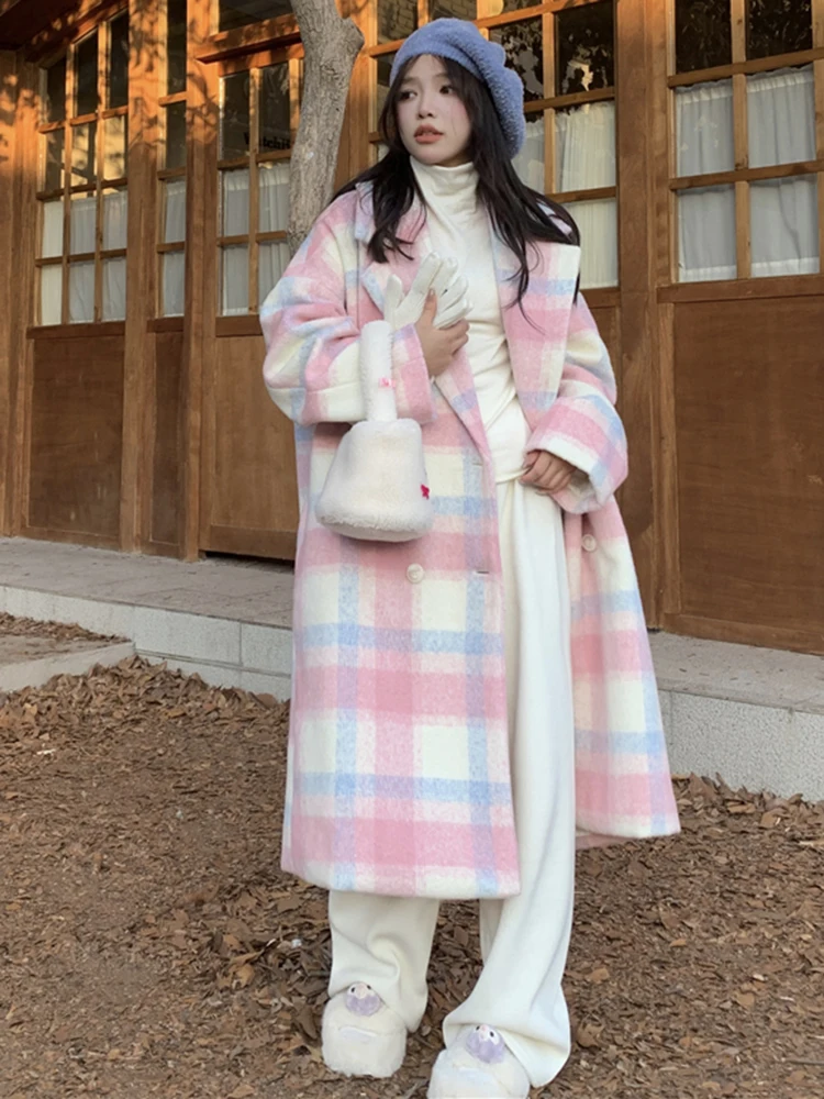 

2024 Winter Rainbow Woollen Coats Women Casual Warm Loose Plaid Long Coats Female Korean Fashion Office Lady Trench Jackets