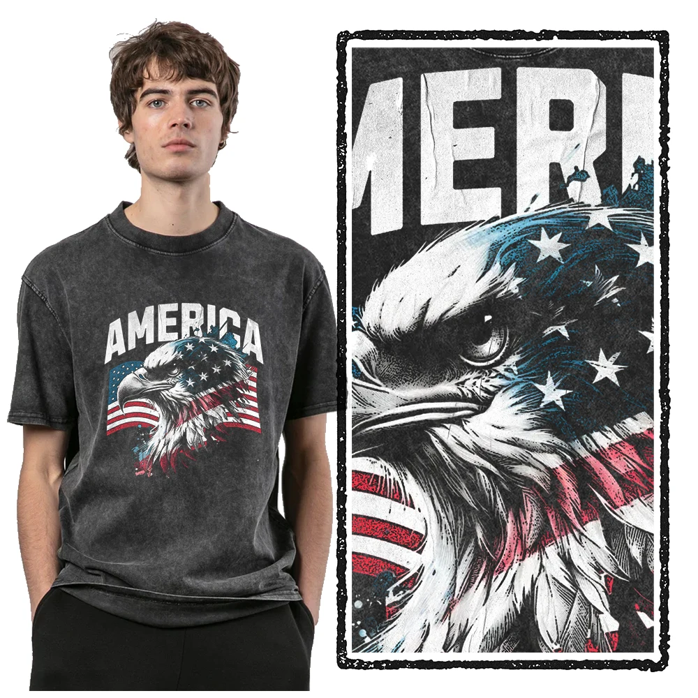 Coolmind U0030 Eagle Print Men T Shirt Casual Streetwear Acid Washed Cotton Men Tshirt High Quality Tee Shirt Men