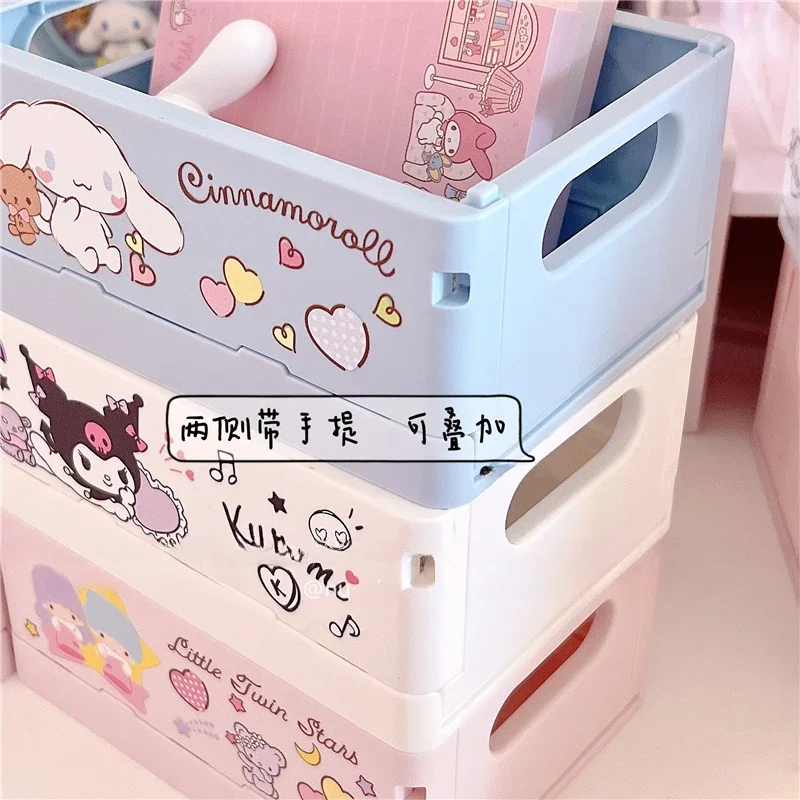 Sanrio พับลังพลาสติกพับกล่องเก็บตะกร้าคาวาอิ Kuromi Cinnamoroll My Melody ผู้ถือเดสก์ท็อปเครื่องสําอางค์