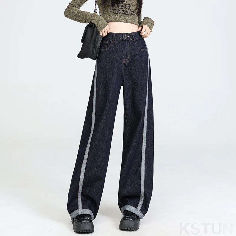 KSTUN 2026 ربيع جديد المرأة عالية الخصر واسعة الساق الجينز مستقيم قطع المرقعة الإناث الأزرق الداكن عادية الدينيم السراويل خمر