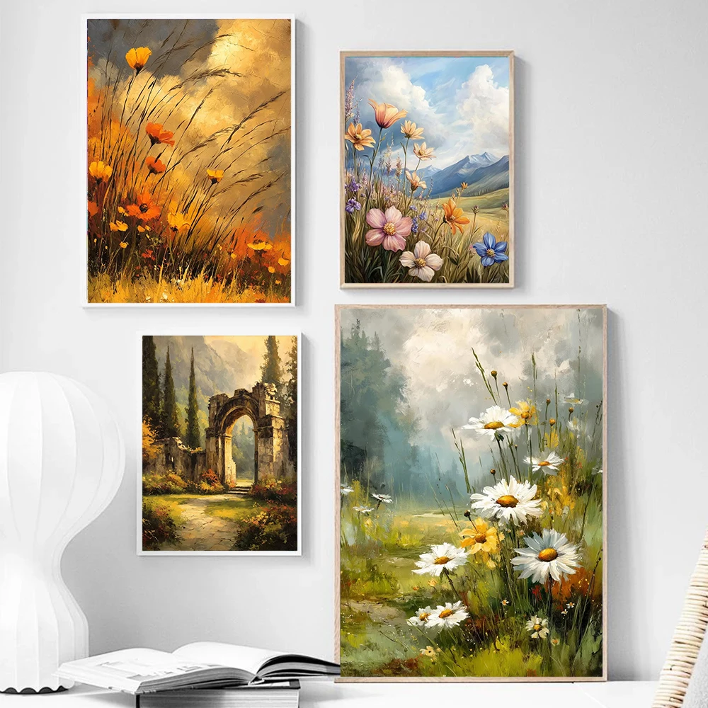 Retro Nostalgia Wildflower Farmhouse House Jungle Natural Scenery Art Oil Paint Poster Canvas Printing Hotel Bedroom Wall Decor