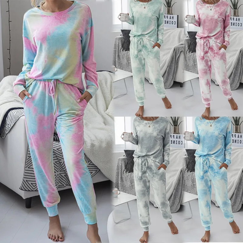 2024 Casual autumn Women Two-piece Set Long Sleeved Nebula print Loose t-shirt sweatshirt + long pant with pocket nightwear walk