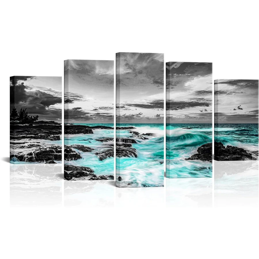 Black and blue seaside stone wave landscape 5D DIY Full Drill Diamond Painting 5 panels Decoration Diamond mosaic cross Stitch