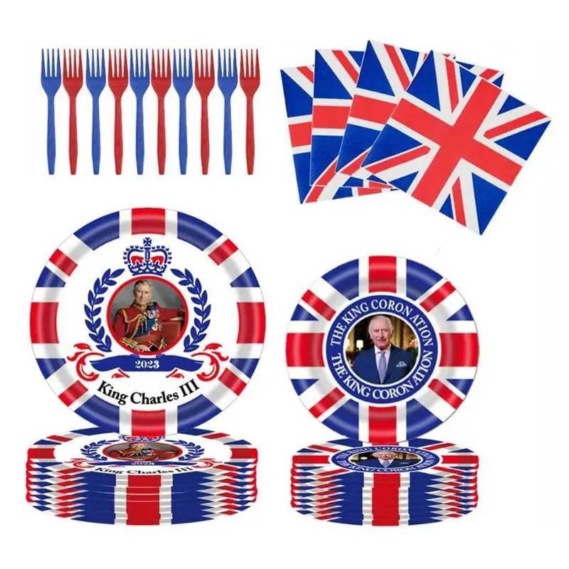 50PCS King Charles Coronation Decorations Royal Celebration Events Tableware Decoration And Union Jack Party Supplies Plates Nap