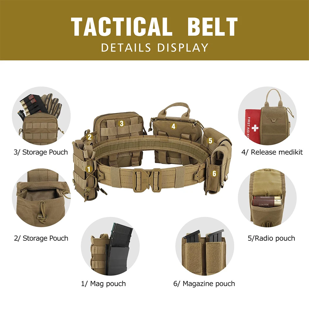 8-in-1 Tactical Battle Belt with Pouches Accessories, Hunting Combat Utility Molle Belts for Outdoor Patrol,Multifunctional Belt