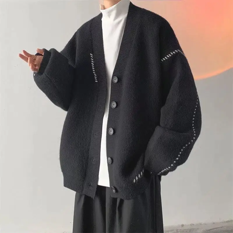Japanese Sweater Jacket For Men Loose Retro Style Knitwear Autumn Winter Trendy Ins Couple Cardigan V-Neck Knitted One-Piece