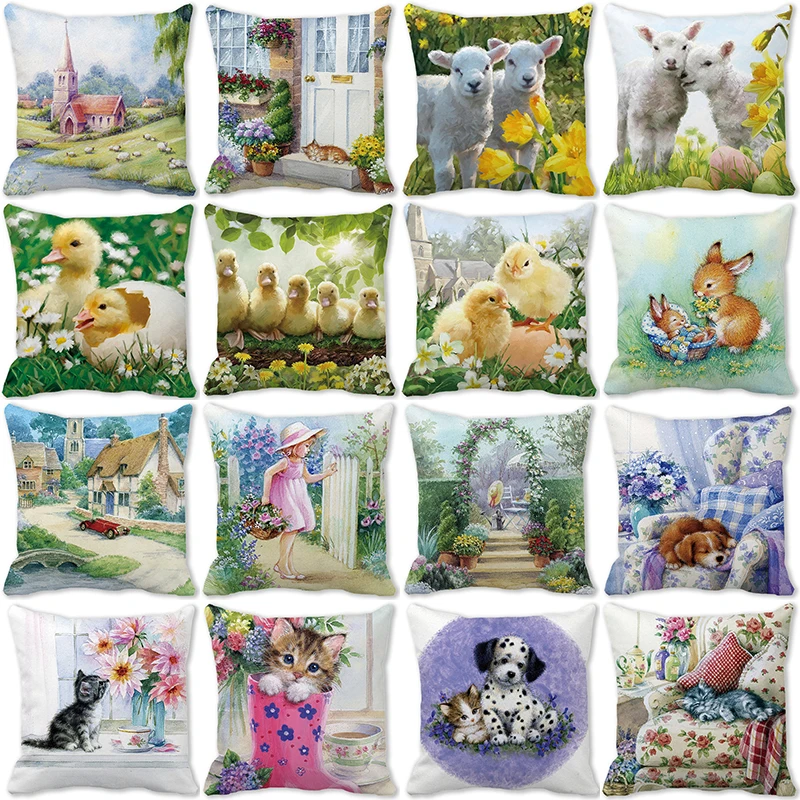

Home Decor Spring/Summer Pillowcase Animal Cat Dog Duck Sheep Print Cushion Cover Sofa Polyester funda de almohada